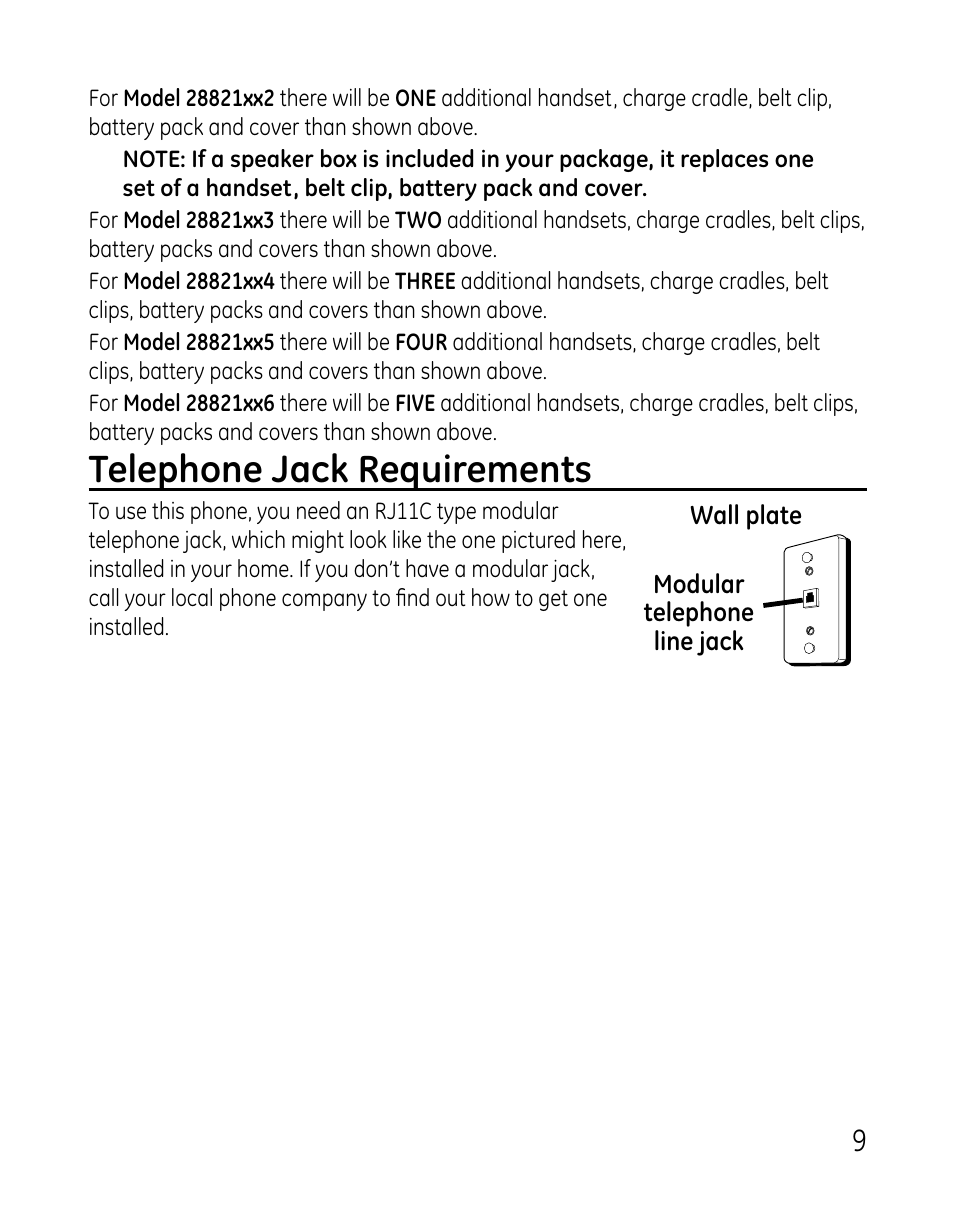 Telephone jack requirements | GE DECT 28821 User Manual | Page 9 / 60