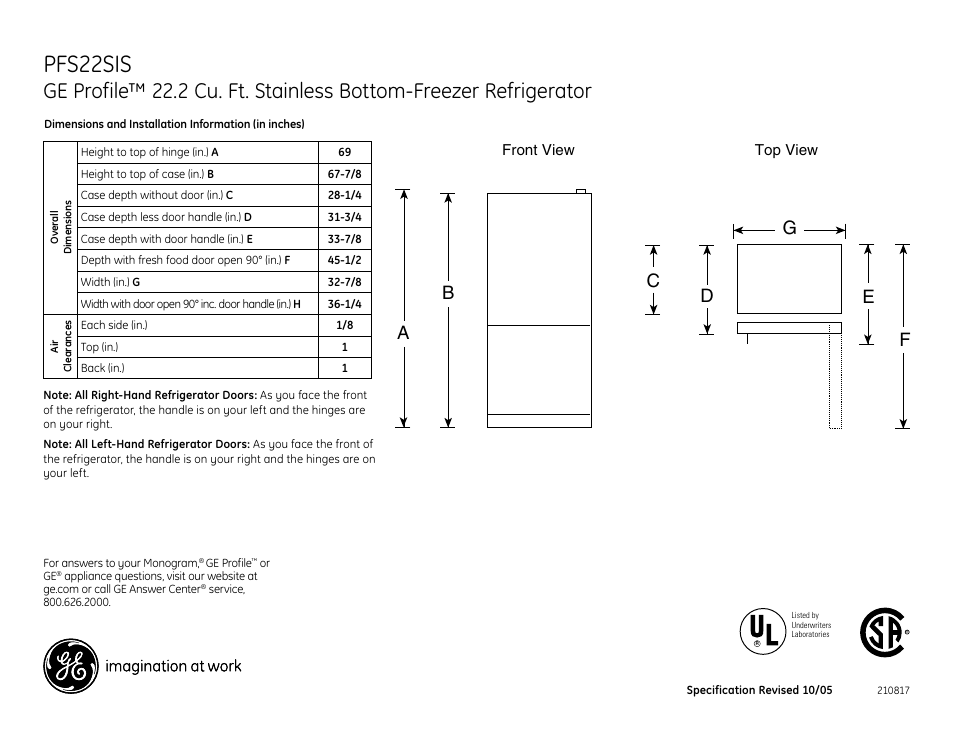 GE PFS22SIS User Manual | 2 pages