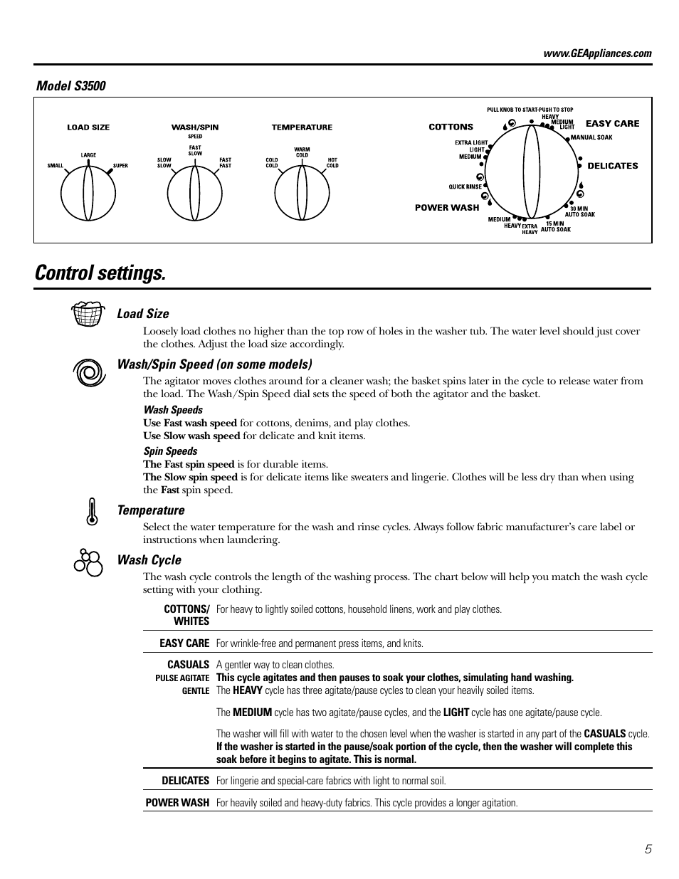 Control settings | GE S3500 User Manual | Page 5 / 16