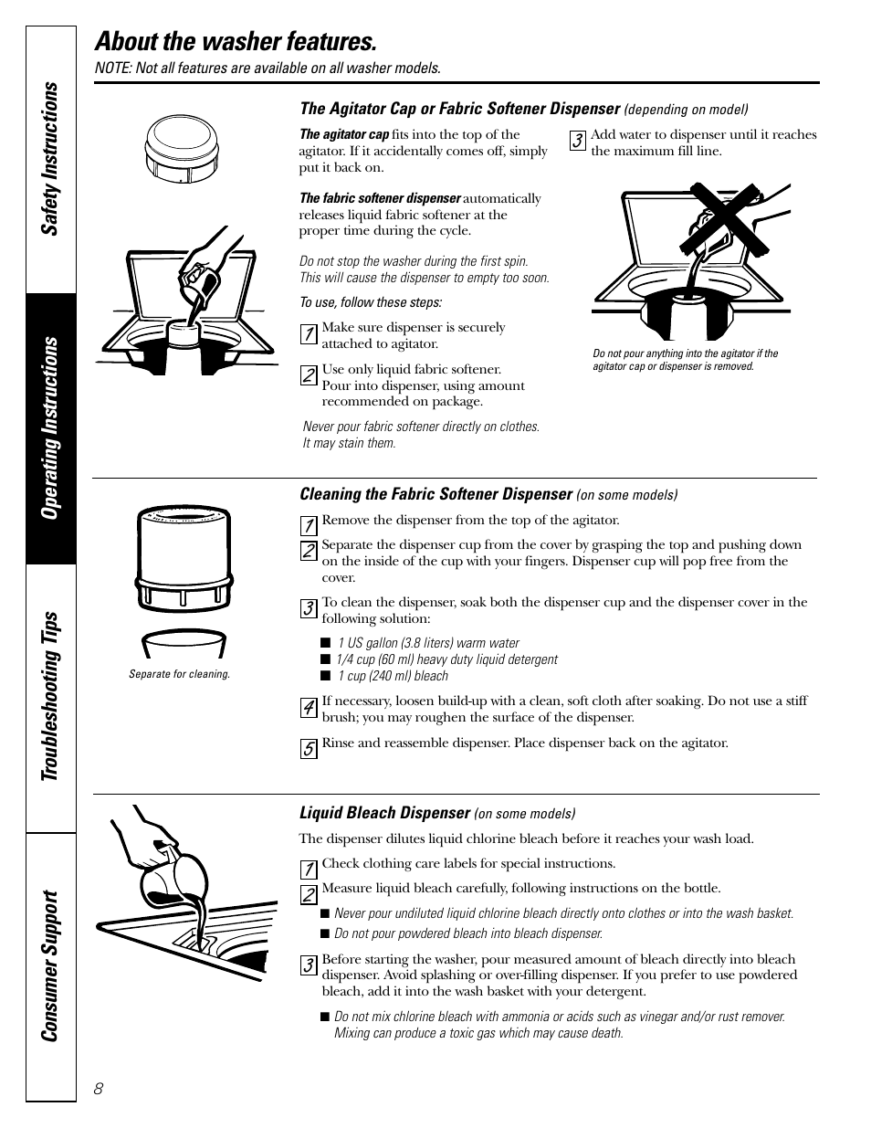 Features, 32 1 about the washer features | GE S3500 User Manual | Page 8 / 16