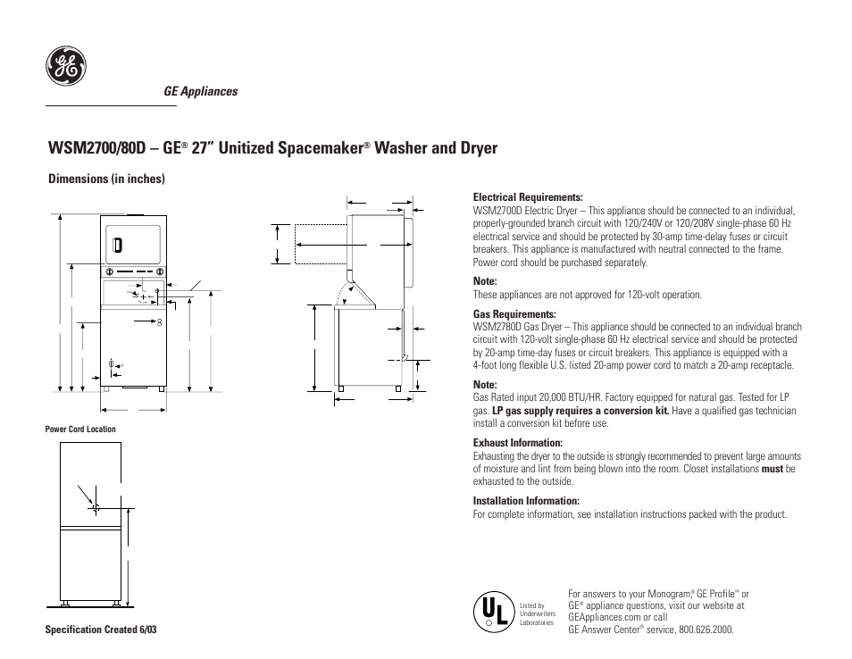 GE UNITIZED SPACEMAKER WSM2700/80D User Manual | 3 pages
