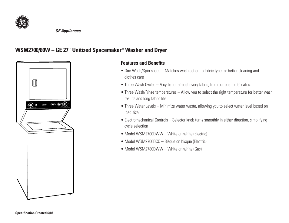 Washer and dryer | GE UNITIZED SPACEMAKER WSM2700/80D User Manual | Page 3 / 3