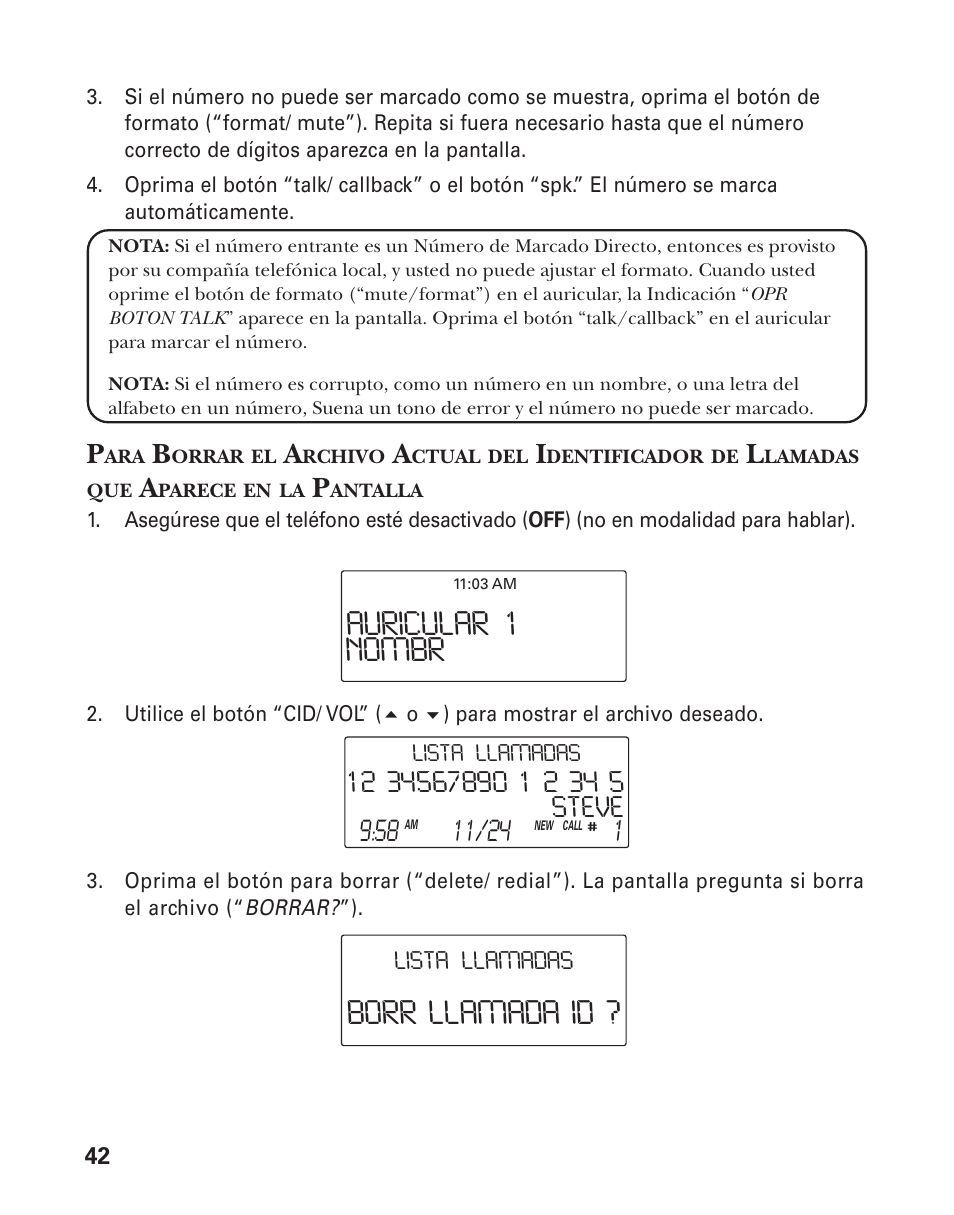 Borr llamada id, Auricular 1 nombr | GE 25826 User Manual | Page 106 / 128
