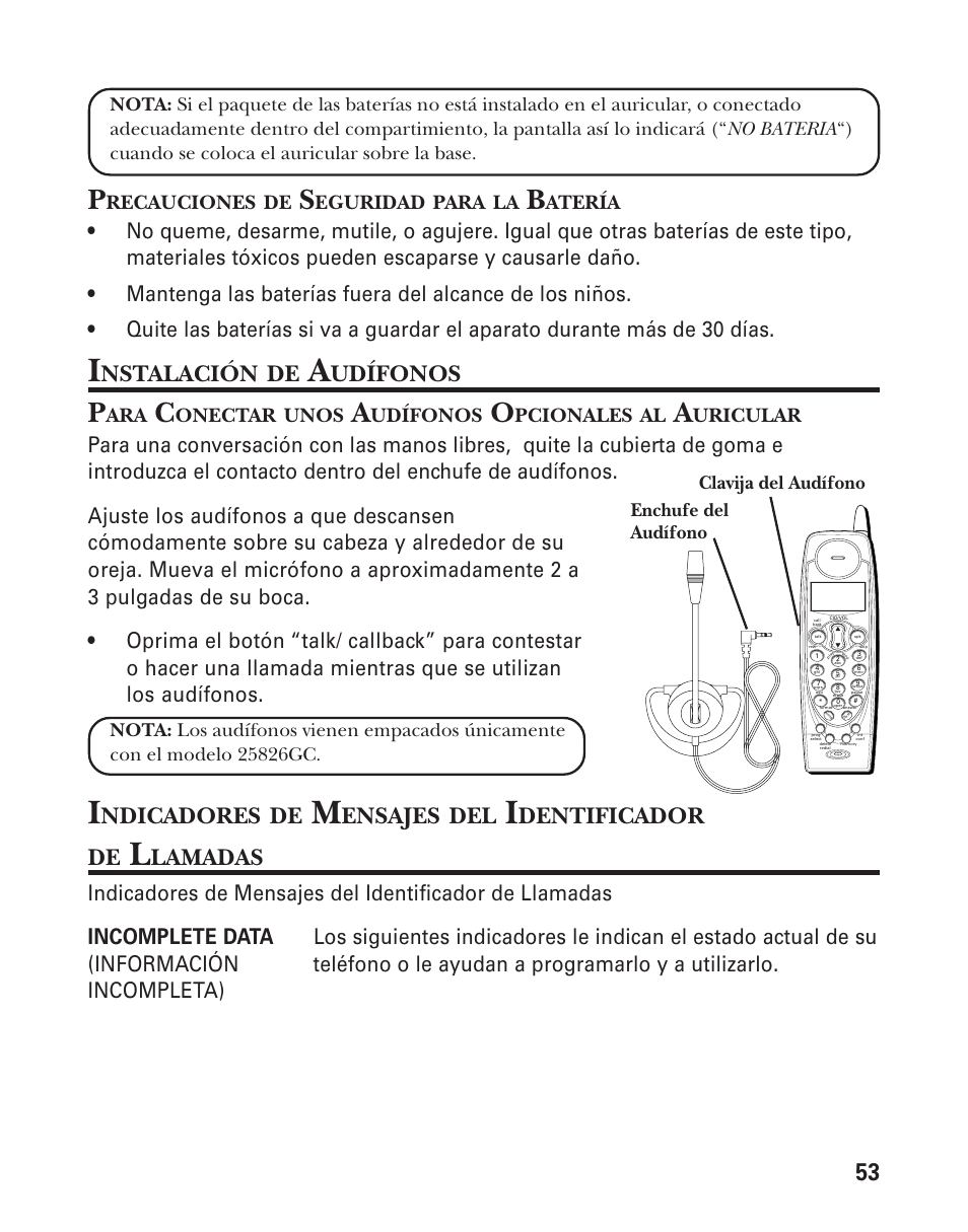 Nstalación, Udífonos, Ndicadores | Ensajes, Dentificador de, Lamadas, Incomplete data, Recauciones, Eguridad, Para | GE 25826 User Manual | Page 117 / 128