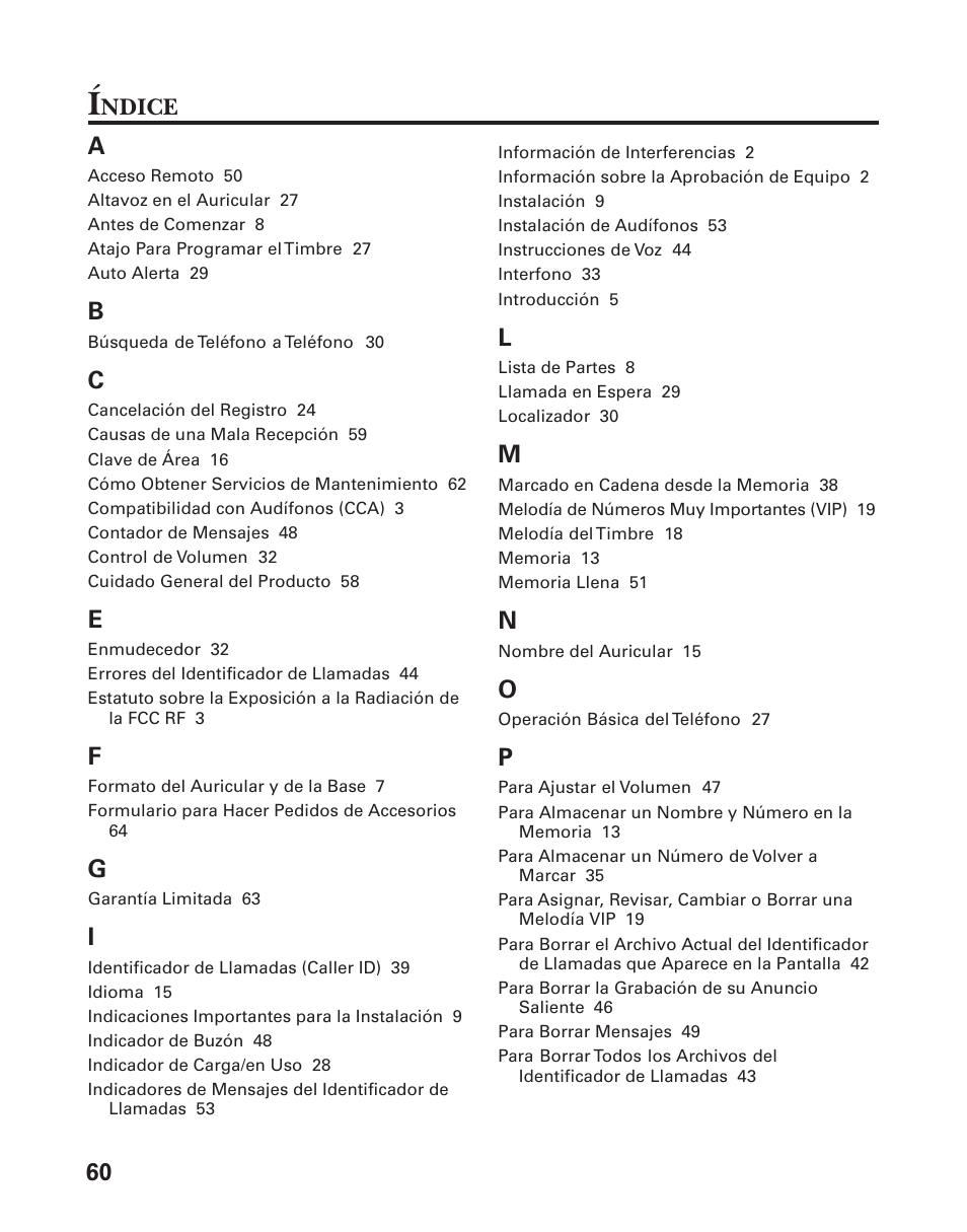 60 a, Ndice | GE 25826 User Manual | Page 124 / 128