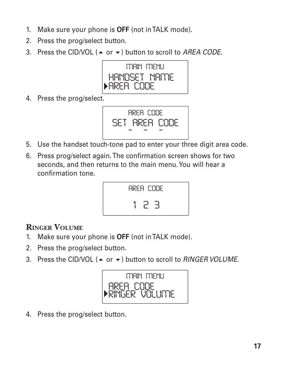 Handset name area code set area code, Area code ringer volume | GE 25826 User Manual | Page 17 / 128