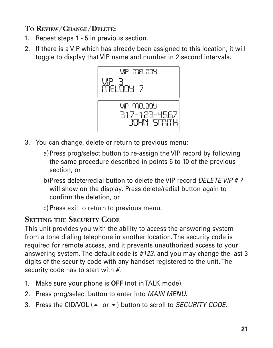 Vip 3 melody 7 | GE 25826 User Manual | Page 21 / 128