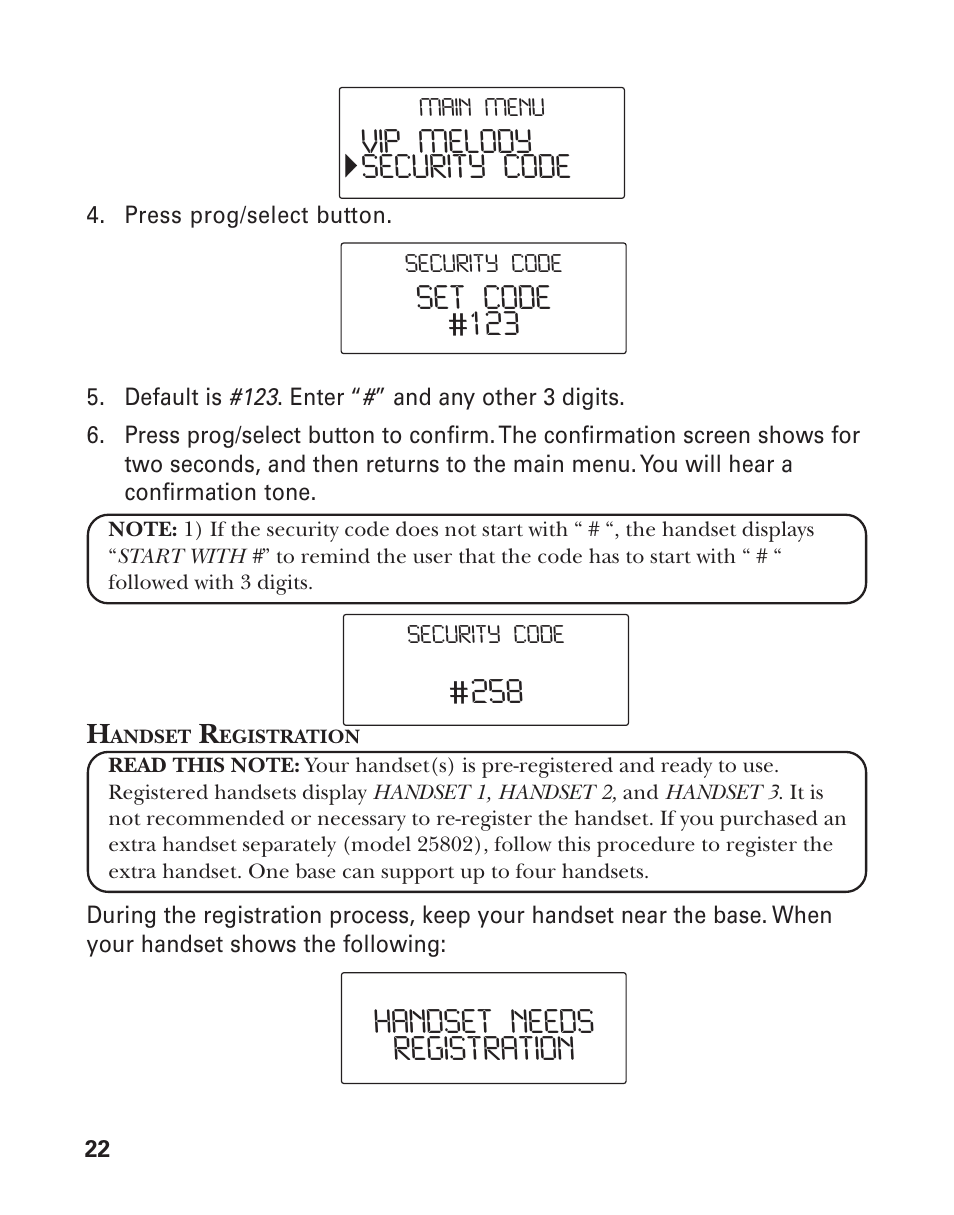 Set code, Handset needs registration, Vip melody security code | GE 25826 User Manual | Page 22 / 128