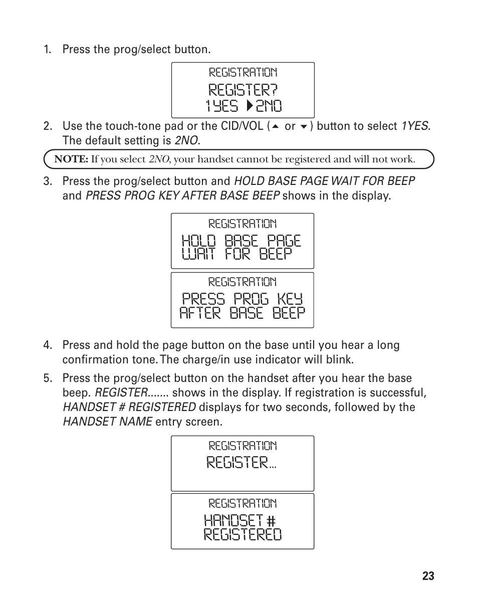 Hold base page wait for beep, Press prog key after base beep, Register | Register? 1yes 2no handset, Registered | GE 25826 User Manual | Page 23 / 128