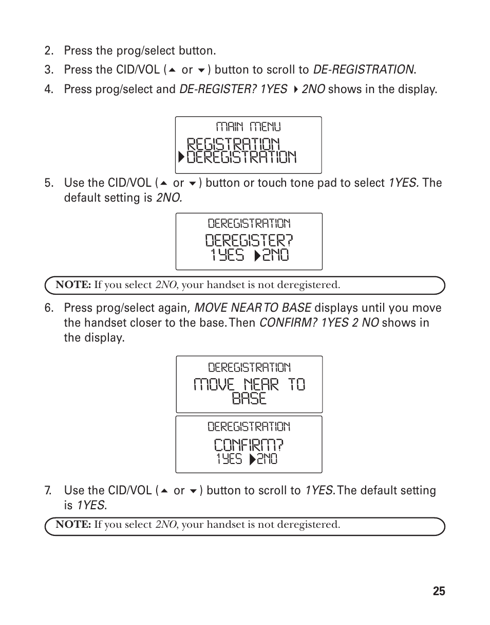 Registration deregistration deregister, 1yes 2no confirm, Move near to base | GE 25826 User Manual | Page 25 / 128