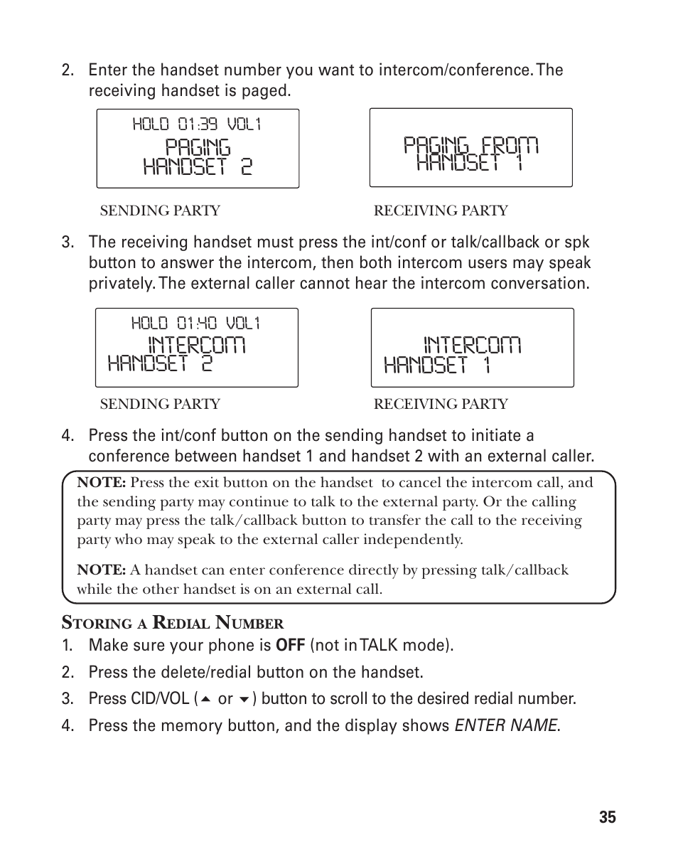 Intercom, Handset 1 intercom handset 2 paging, Handset 1 paging from | Handset 2 | GE 25826 User Manual | Page 35 / 128