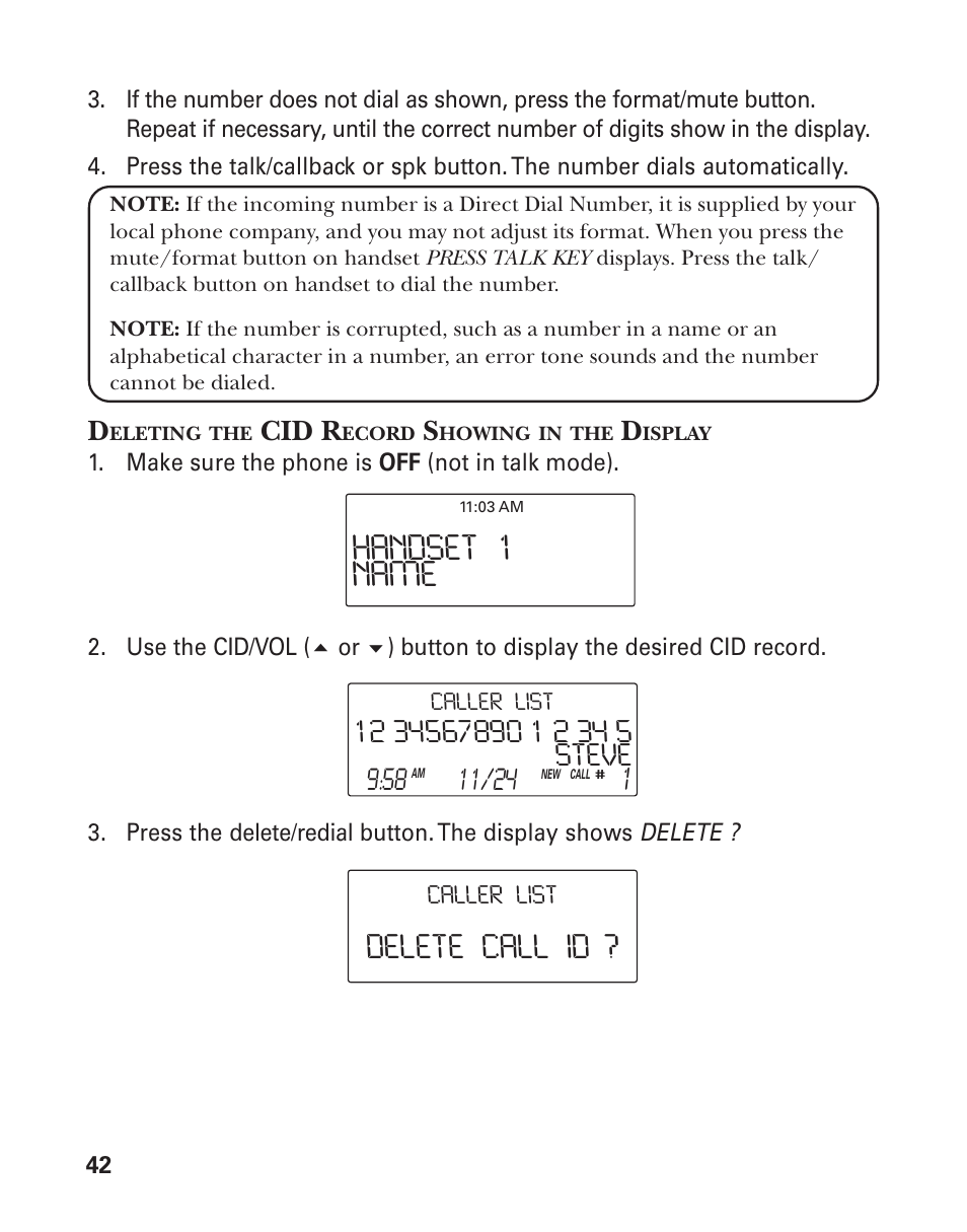 Handset 1 name, Delete call id, Cid r | GE 25826 User Manual | Page 42 / 128