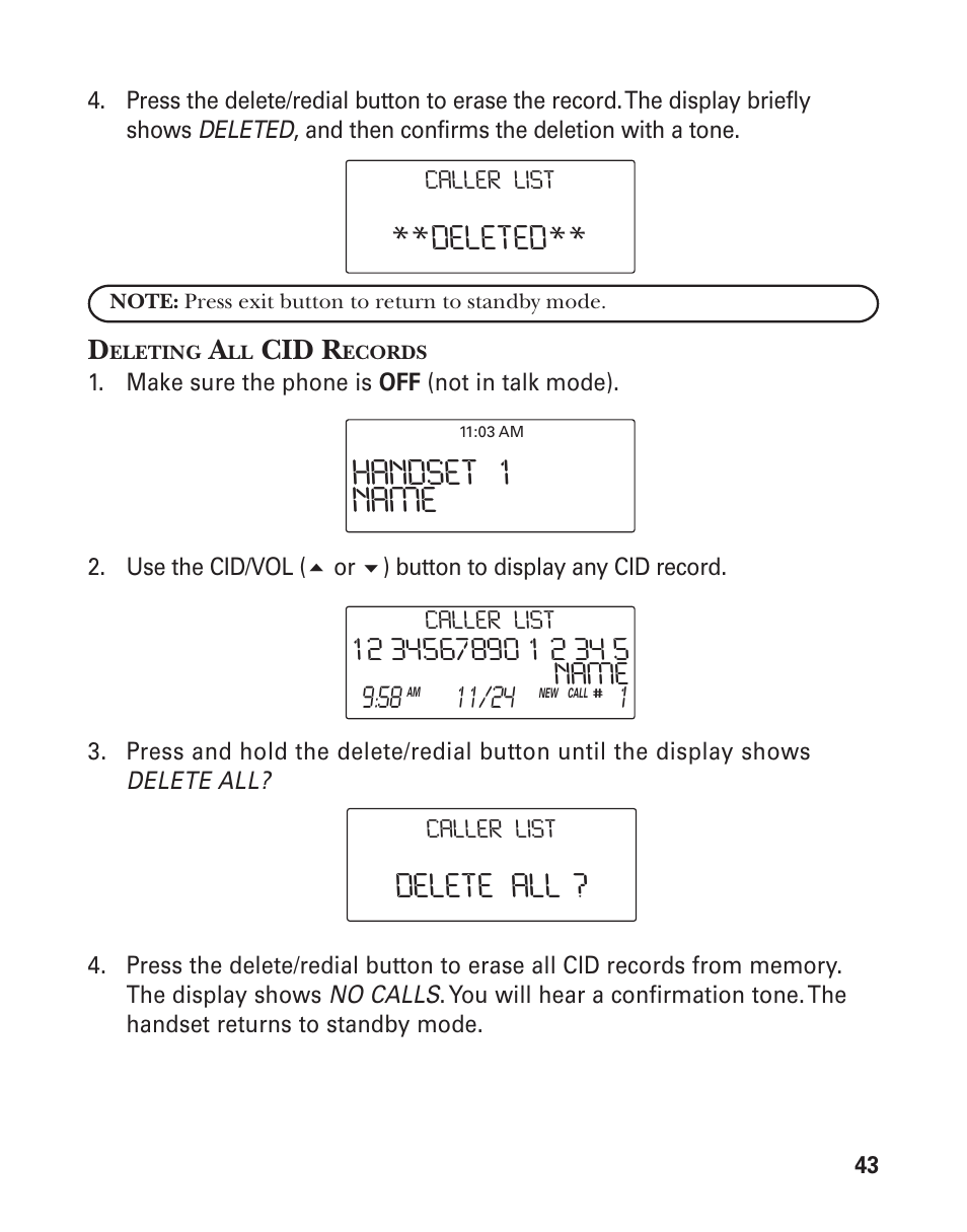 Handset 1 name, Deleted, Delete all | Cid r | GE 25826 User Manual | Page 43 / 128