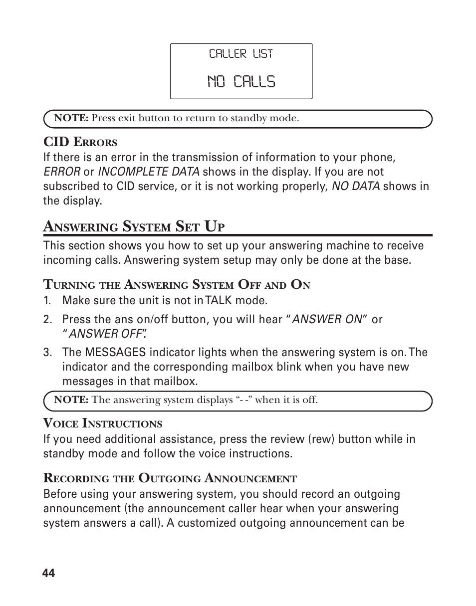 No calls, Cid e | GE 25826 User Manual | Page 44 / 128