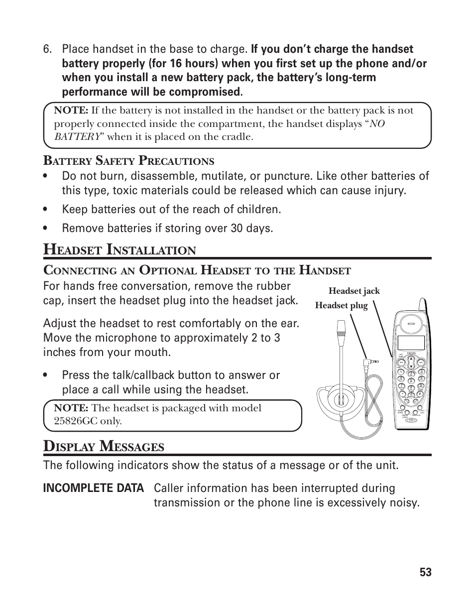 Eadset, Nstallation, Isplay | Essages, Attery, Afety, Recautions, Onnecting, Ptional, Andset | GE 25826 User Manual | Page 53 / 128