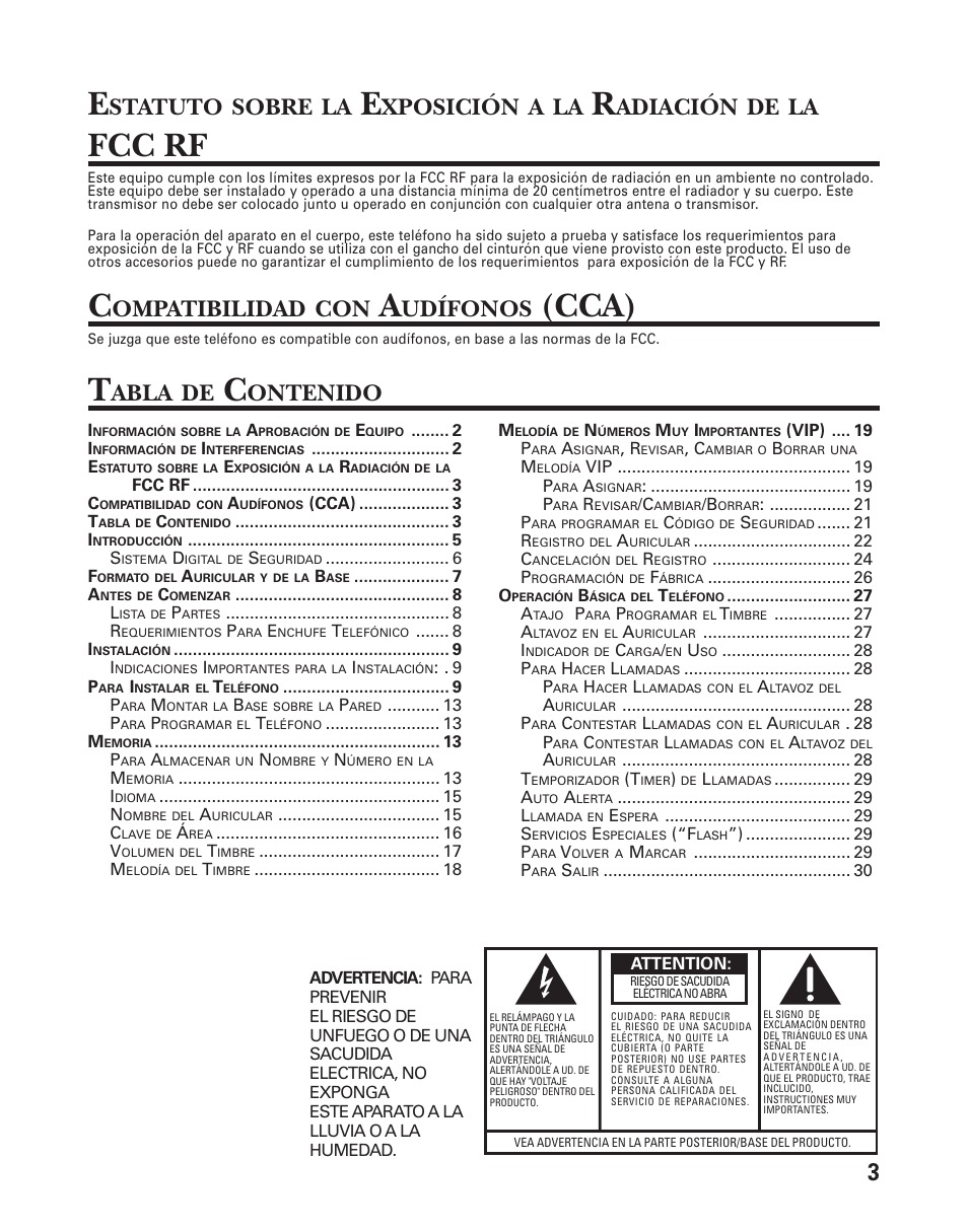 Fcc rf, Cca), Statuto | Sobre, Xposición, Adiación, Ompatibilidad, Udífonos, Abla, Ontenido | GE 25826 User Manual | Page 67 / 128