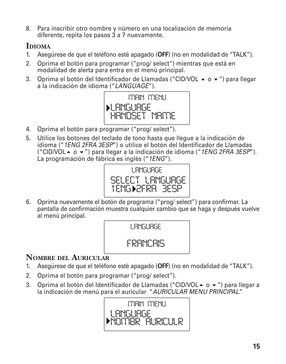 Language handset name, Select language 1eng 2fra 3esp, Language nombr auriculr | Francais | GE 25826 User Manual | Page 79 / 128