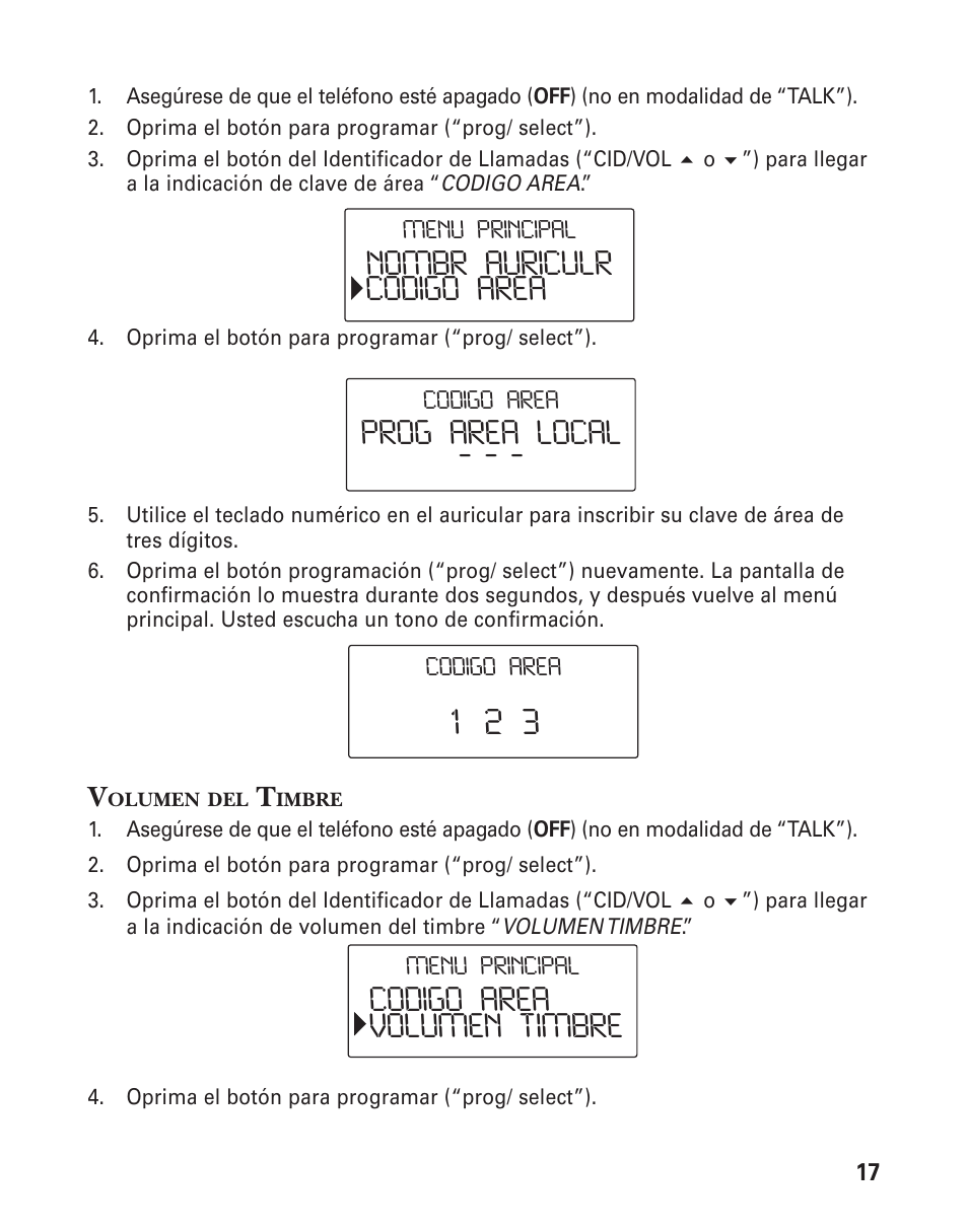 Nombr auriculr codigo area prog area local, Codigo area volumen timbre | GE 25826 User Manual | Page 81 / 128