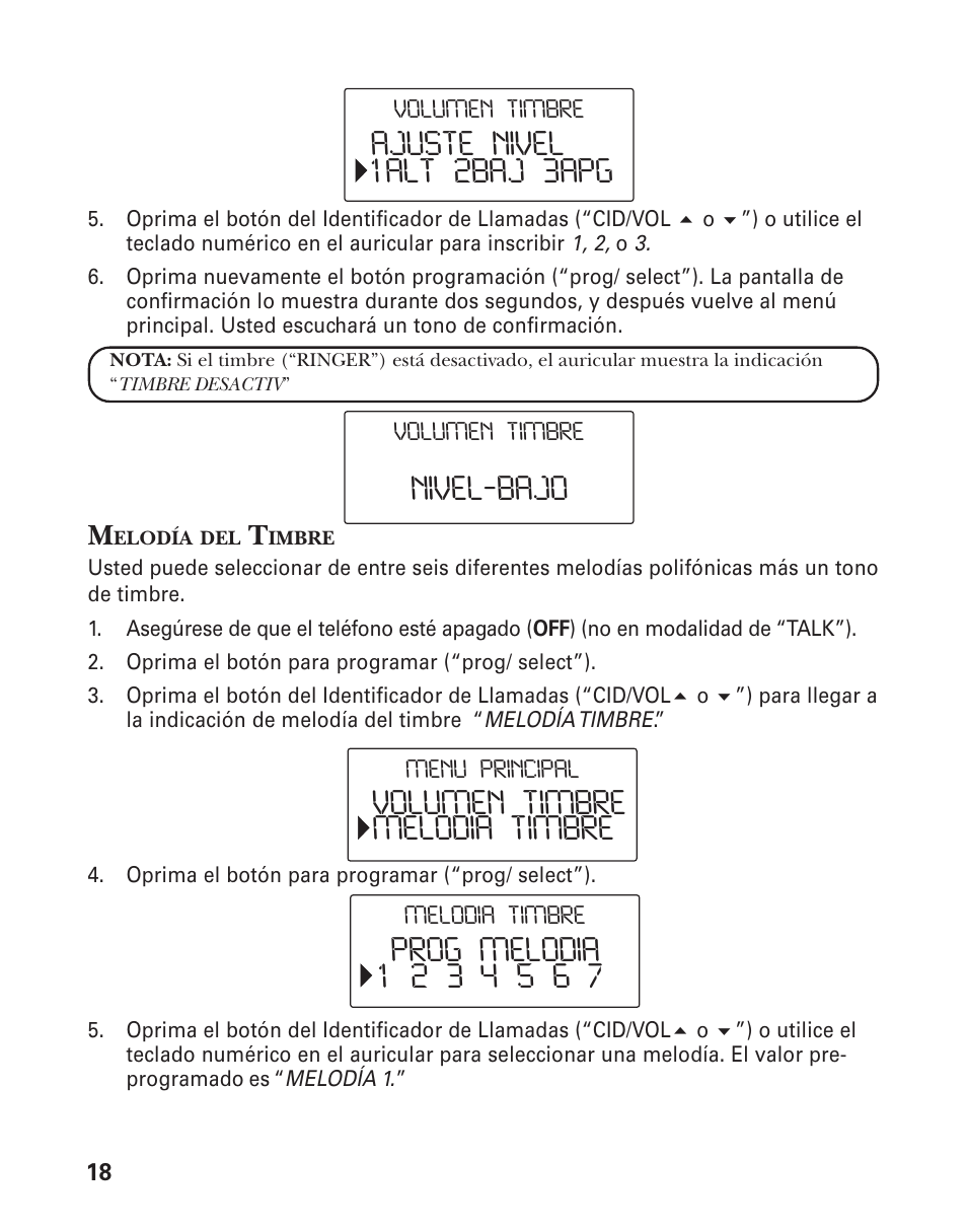 Ajuste nivel 1alt 2baj 3apg nivel‐bajo, Volumen timbre melodia timbre prog melodia | GE 25826 User Manual | Page 82 / 128