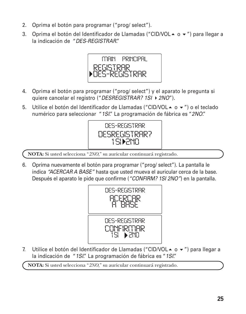 Registrar des‐registrar desregistrar? 1si 2no, Confirmar, Acercar a base | GE 25826 User Manual | Page 89 / 128