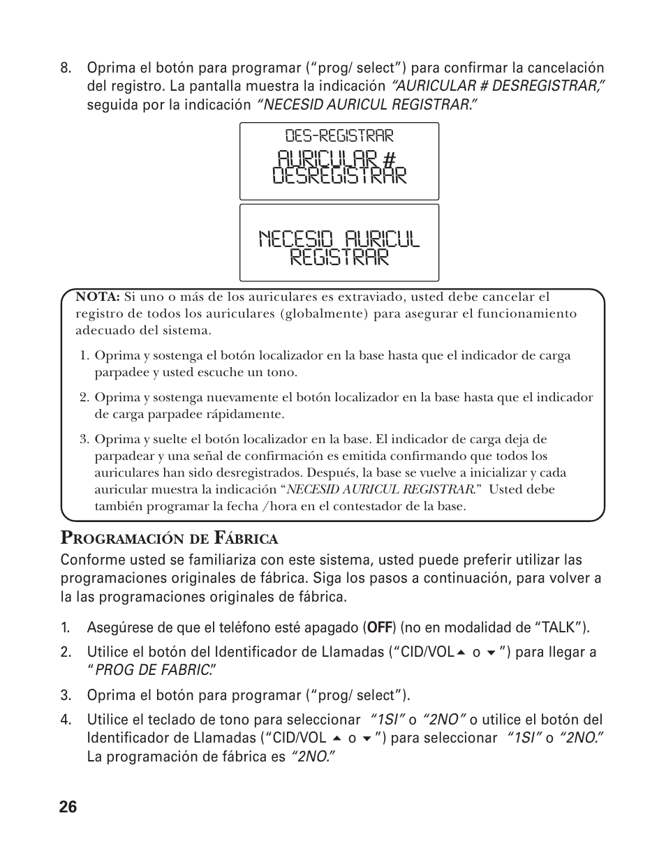Auricular # desregistrar, Necesid auricul registrar | GE 25826 User Manual | Page 90 / 128