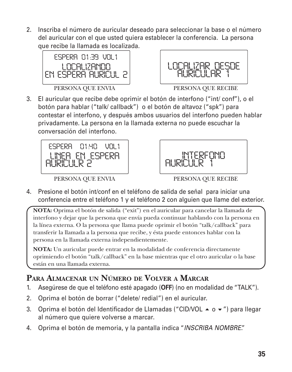 Auriculr 2, Auriculr 1 interfono, Auricular 1 localizar desde | Linea en espera, En espera auricul 2 localizando | GE 25826 User Manual | Page 99 / 128