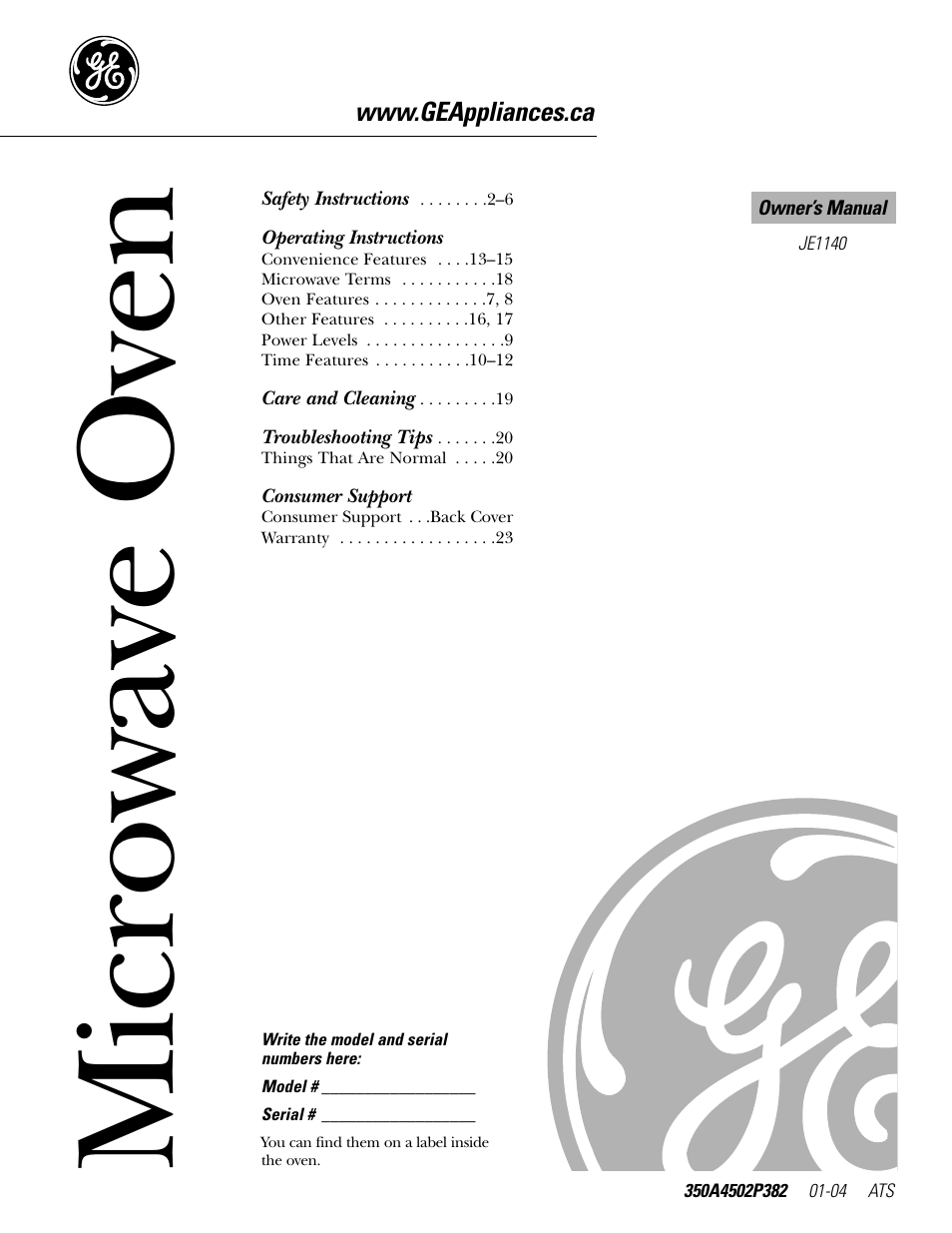 GE Microwave Oven JE1140 User Manual | 22 pages