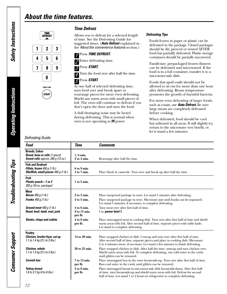 About the time features | GE Microwave Oven JE1140 User Manual | Page 12 / 22