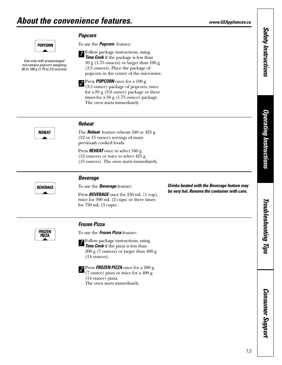 About the convenience features | GE Microwave Oven JE1140 User Manual | Page 13 / 22