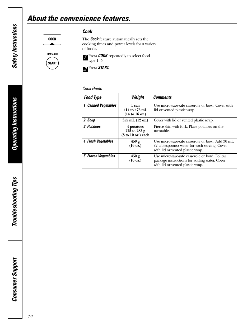 About the convenience features | GE Microwave Oven JE1140 User Manual | Page 14 / 22