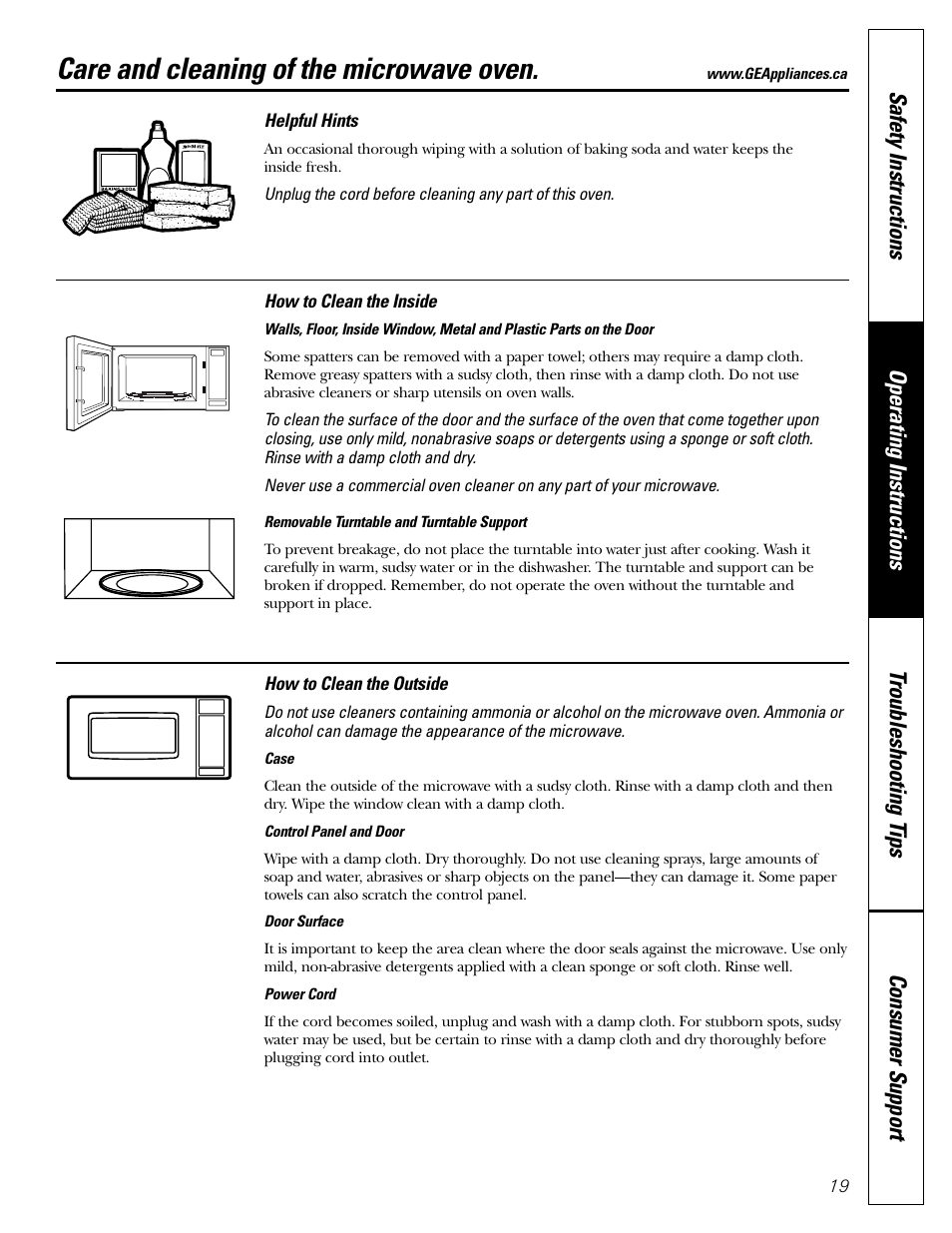 Care and cleaning of the microwave oven | GE Microwave Oven JE1140 User Manual | Page 19 / 22