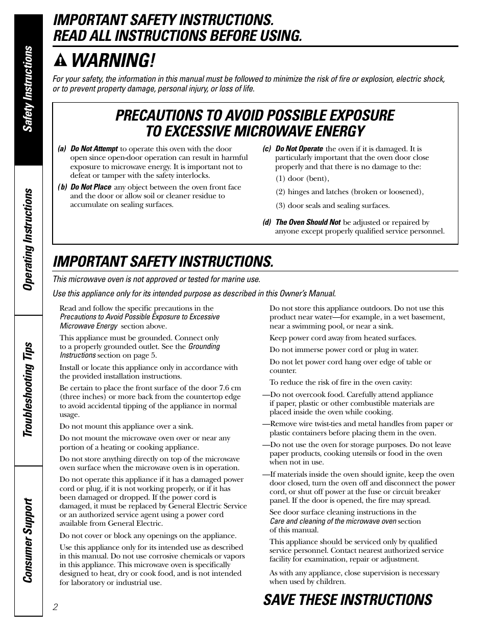 Warning, Important safety instructions, Save these instructions | GE Microwave Oven JE1140 User Manual | Page 2 / 22