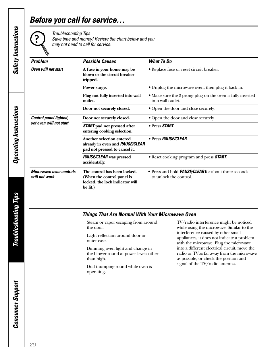 Before you call for service | GE Microwave Oven JE1140 User Manual | Page 20 / 22