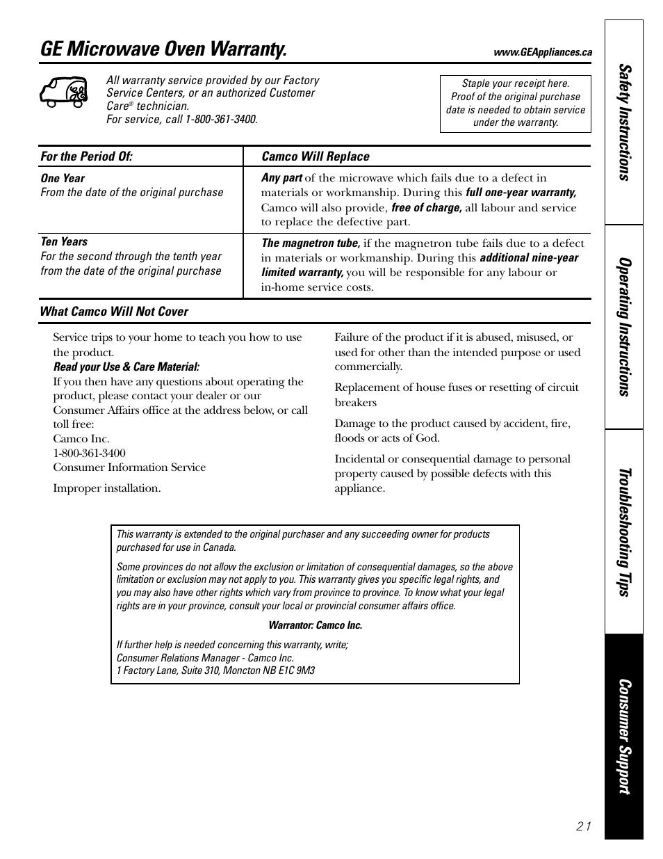 Ge microwave oven warranty | GE Microwave Oven JE1140 User Manual | Page 21 / 22