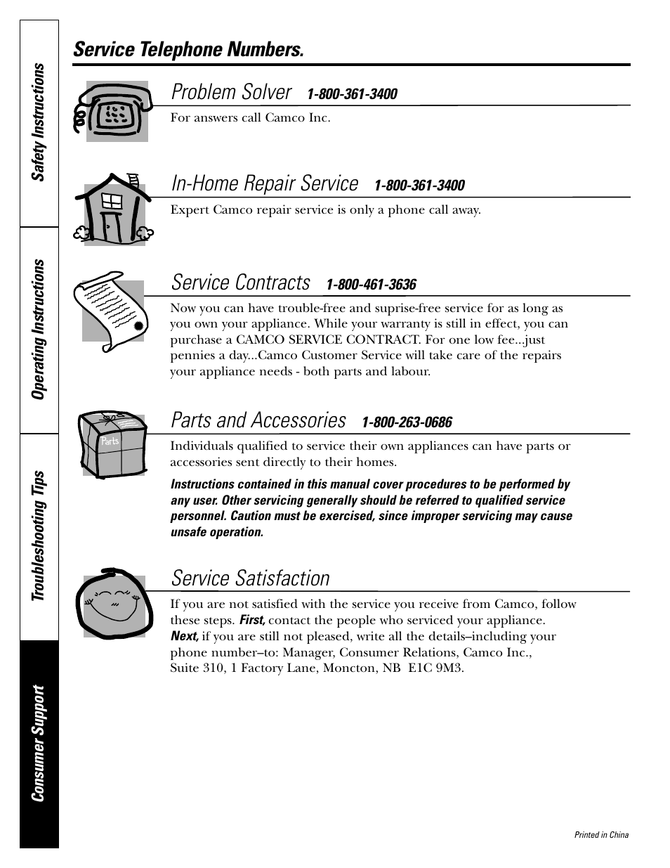 Problem solver, In-home repair service, Service contracts | Parts and accessories, Service satisfaction, Service telephone numbers | GE Microwave Oven JE1140 User Manual | Page 22 / 22