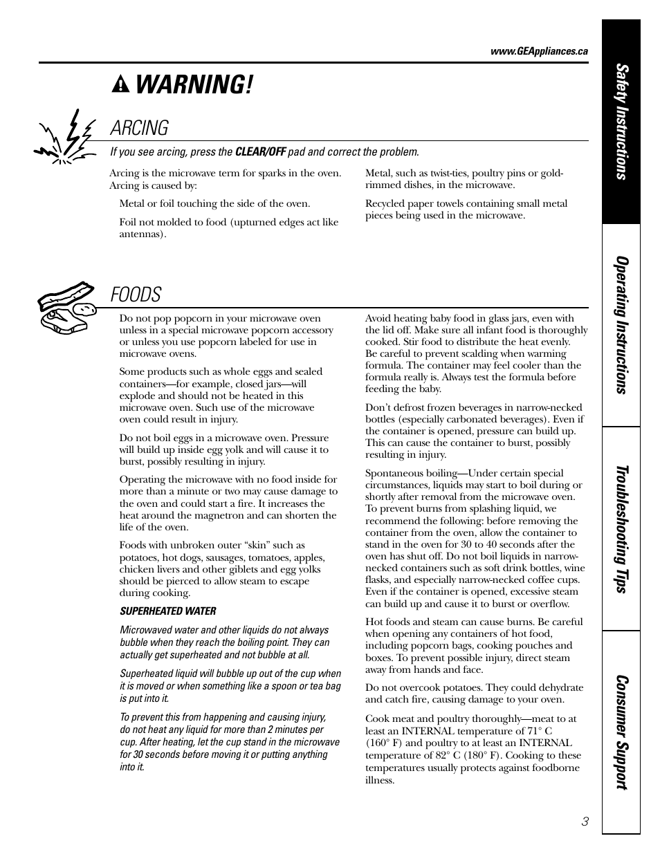 Warning, Arcing, Foods | GE Microwave Oven JE1140 User Manual | Page 3 / 22