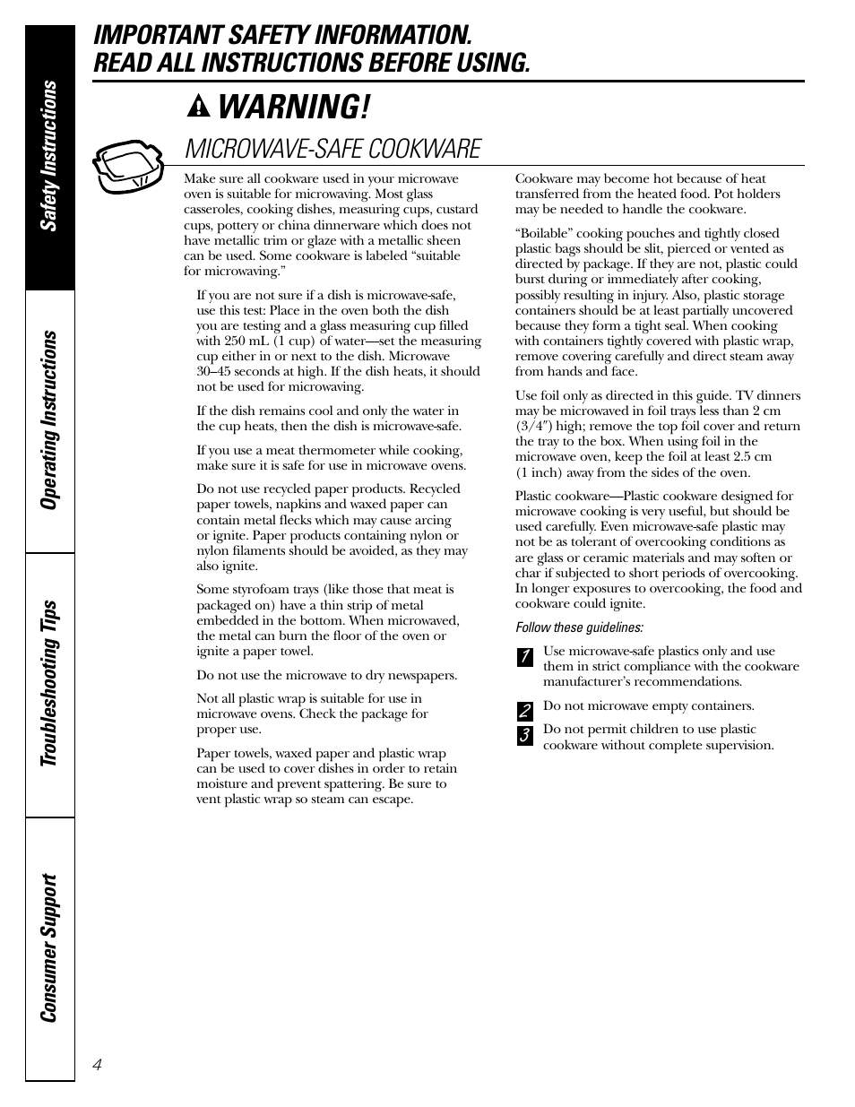 Warning | GE Microwave Oven JE1140 User Manual | Page 4 / 22