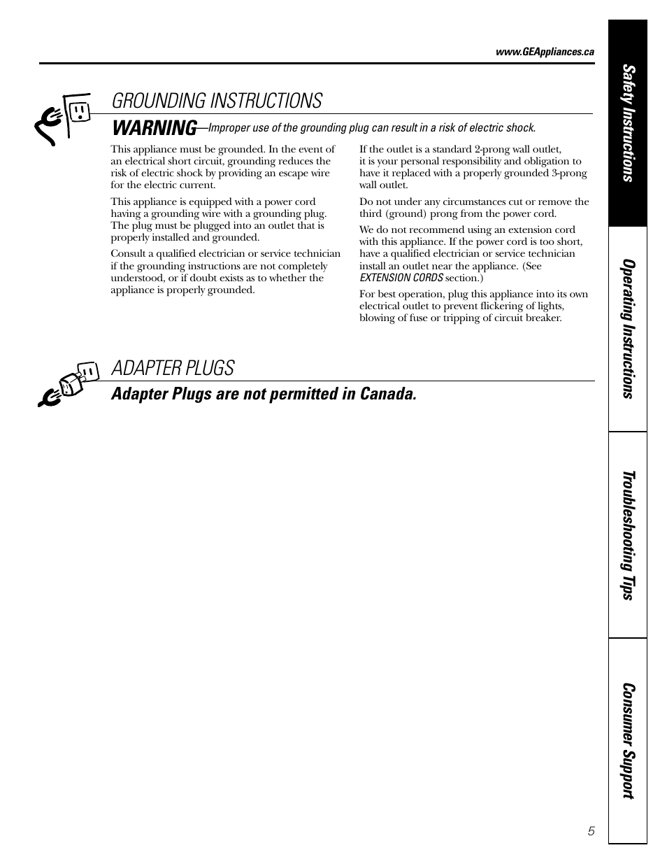 Adapter plugs, Grounding instructions, Warning | Adapter plugs are not permitted in canada | GE Microwave Oven JE1140 User Manual | Page 5 / 22