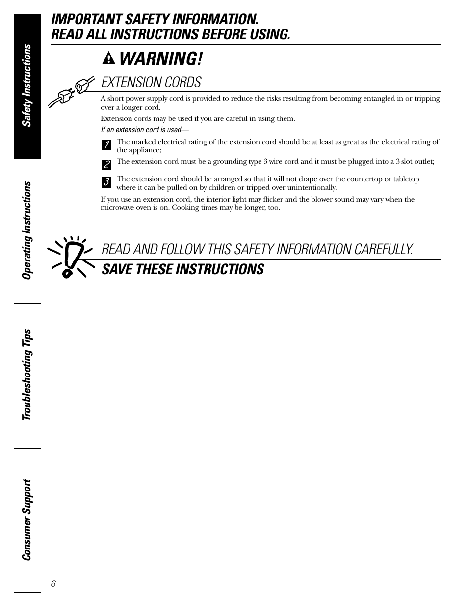 Warning, Extension cords | GE Microwave Oven JE1140 User Manual | Page 6 / 22