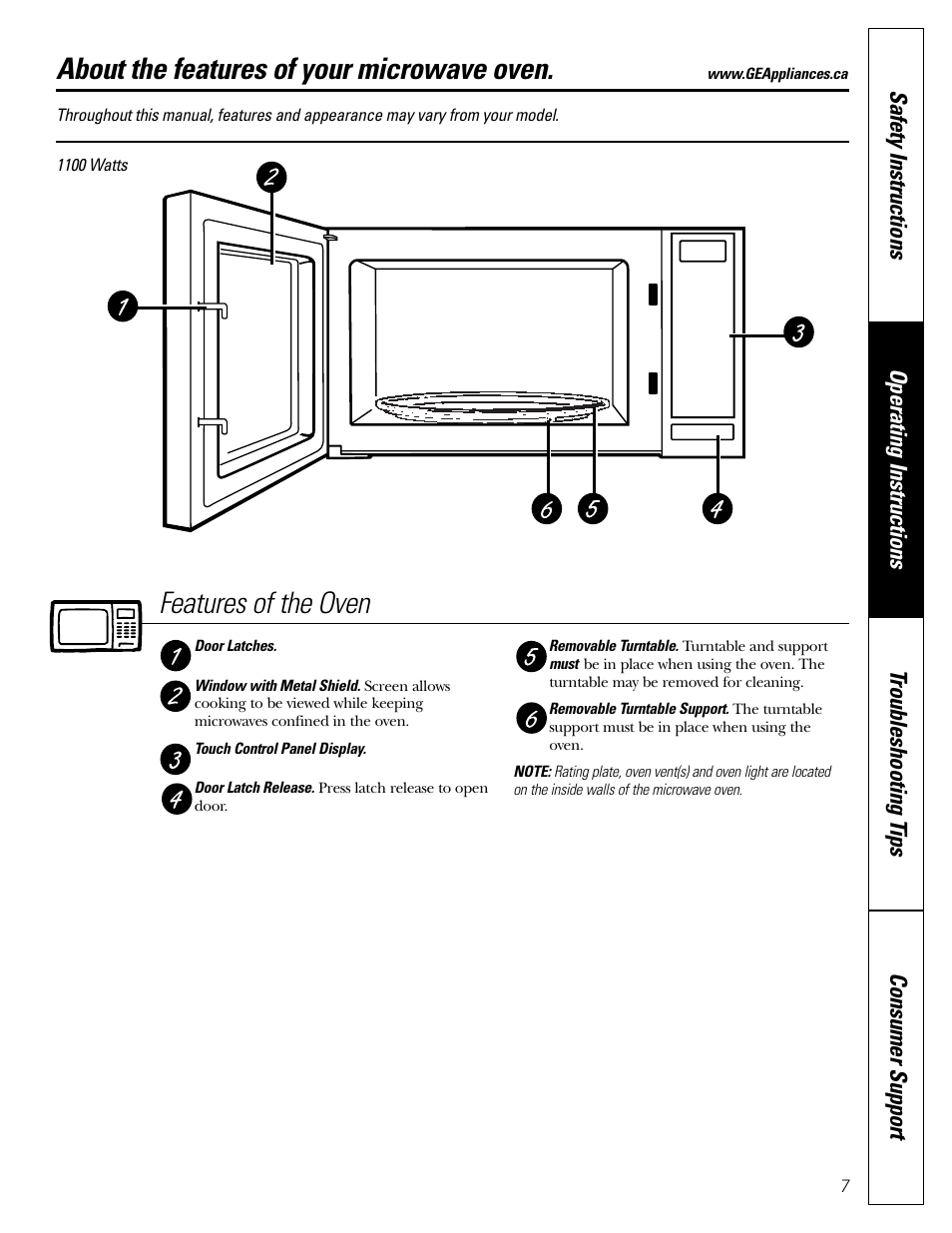 Features of the oven, About the features of your microwave oven | GE Microwave Oven JE1140 User Manual | Page 7 / 22