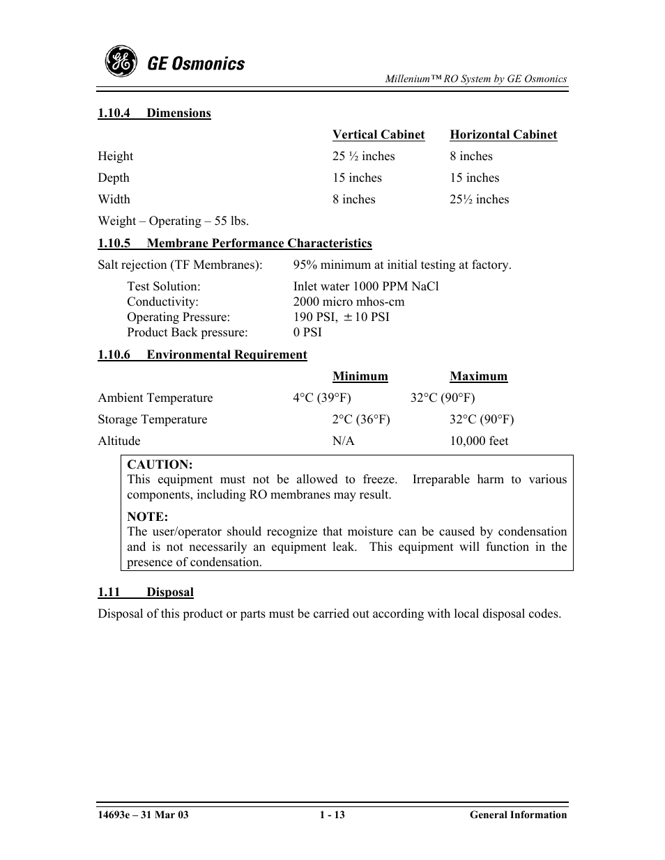 GE OSMONICS MILLENIUMTM REVERSE OSMOSIS UNIT User Manual | Page 19 / 107