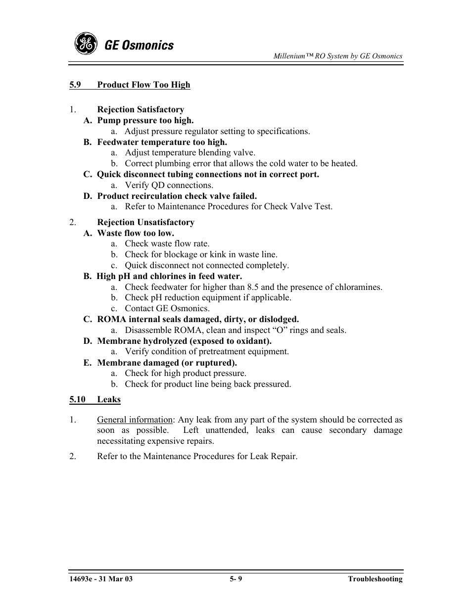 GE OSMONICS MILLENIUMTM REVERSE OSMOSIS UNIT User Manual | Page 76 / 107