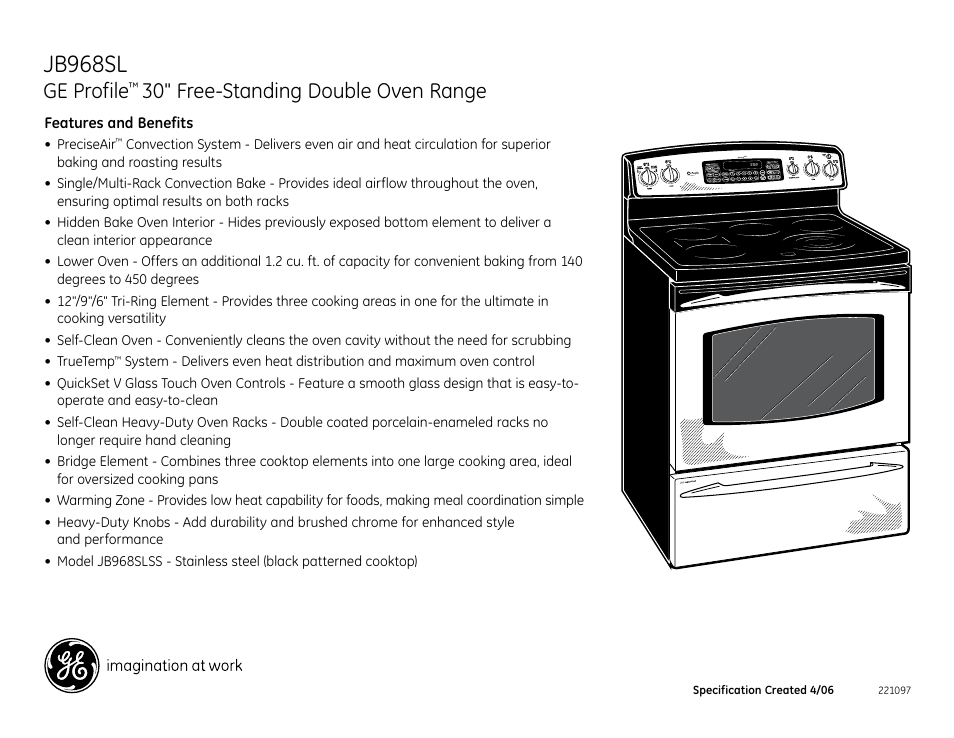 Jb968sl, Ge profile, 30" free-standing double oven range | GE JB968SL User Manual | Page 2 / 2
