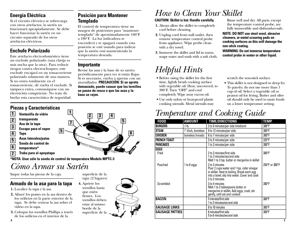 How to clean your skillet, Helpful hints, Temperature and cooking guide | Cómo armar su sartén | GE 681131067492 User Manual | Page 3 / 6