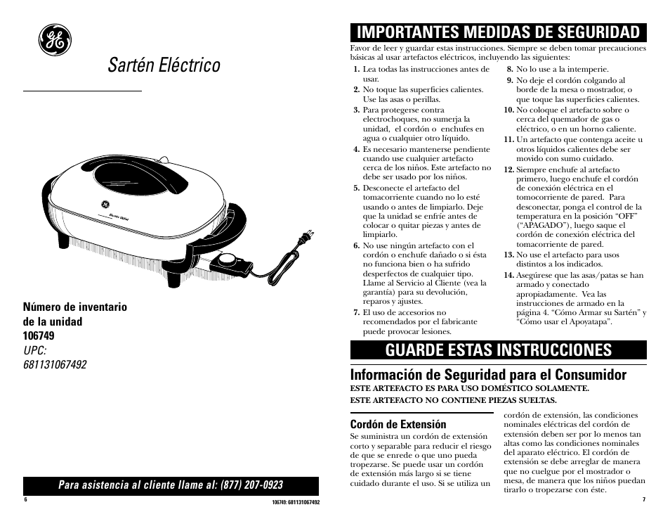 Sartén eléctrico, Información de seguridad para el consumidor | GE 681131067492 User Manual | Page 4 / 6