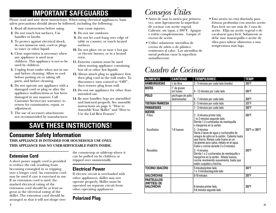 Cuadro de cocinar, Consejos útiles, Important safeguards save these instructions | Consumer safety information, Extension cord, Electrical power, Polarized plug | GE 681131067492 User Manual | Page 6 / 6