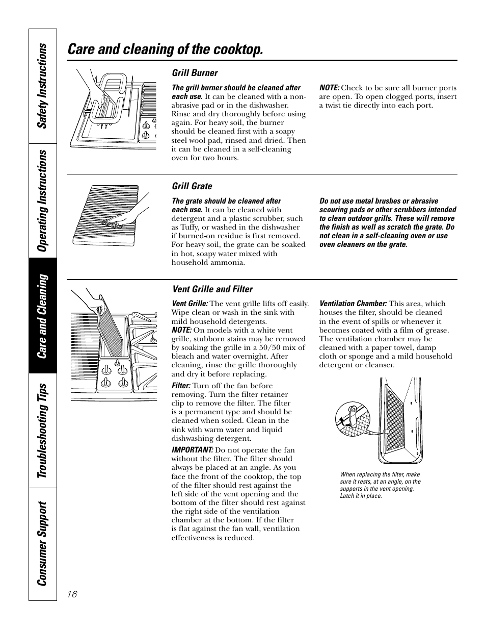 Grill burner, Grill grate, Vent grille and filter | Grill burner grill grate, Care and cleaning of the cooktop | GE JGP985 User Manual | Page 16 / 80