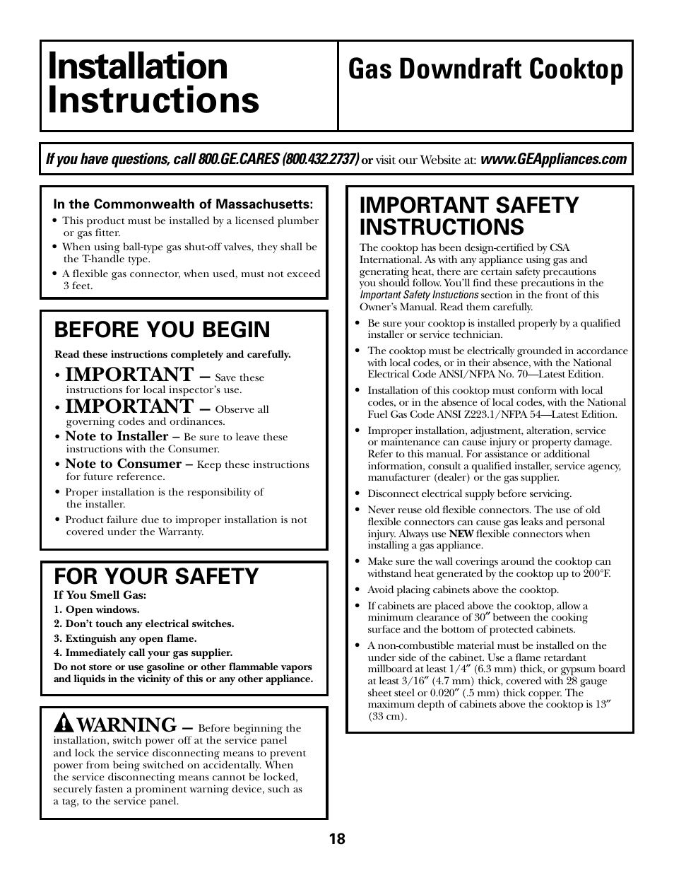 Installation instructions, Installation, Instructions | Gas downdraft cooktop, Important safety instructions, For your safety, Before you begin, Important, Warning | GE JGP985 User Manual | Page 18 / 80