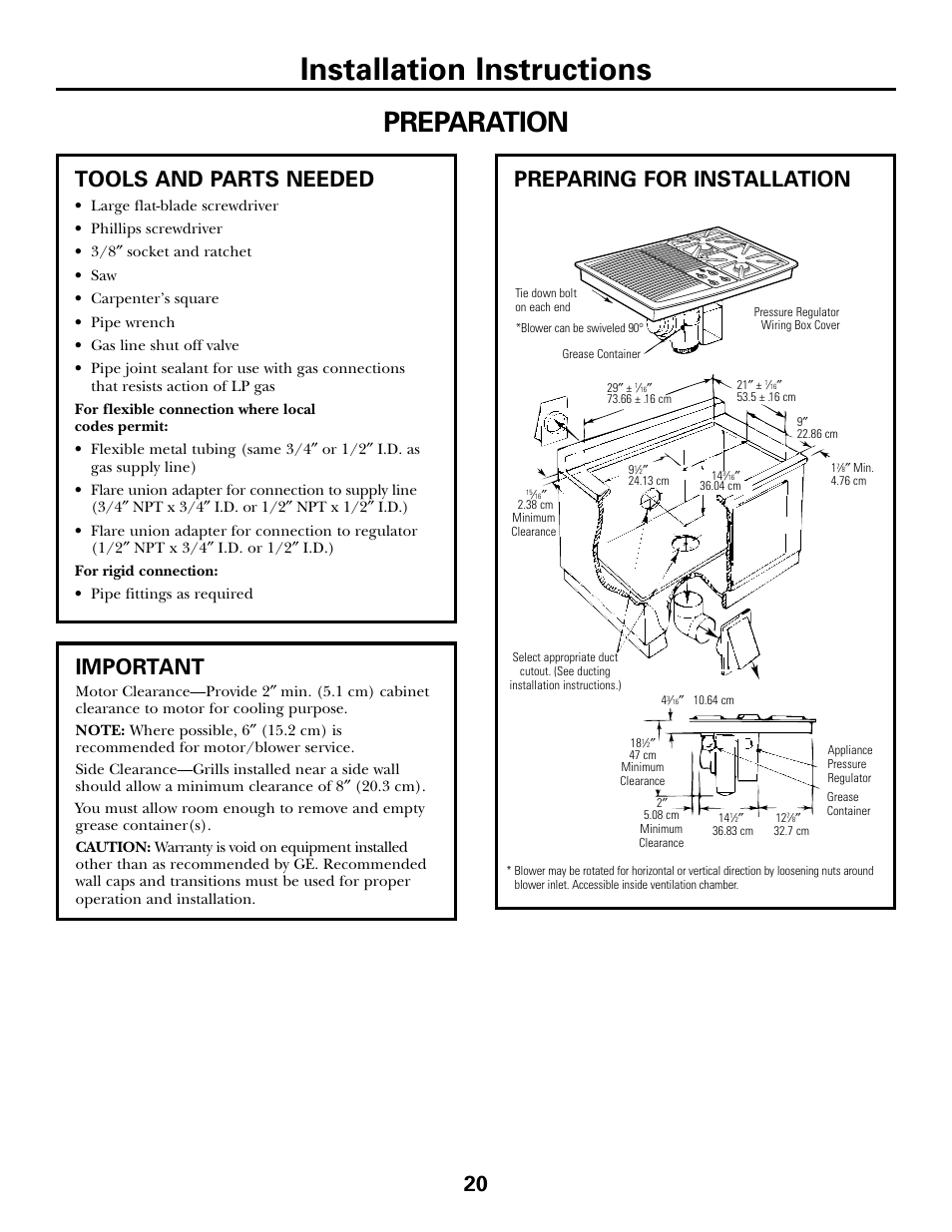 Installation instructions, Preparation, Preparing for installation | Tools and parts needed, Important | GE JGP985 User Manual | Page 20 / 80