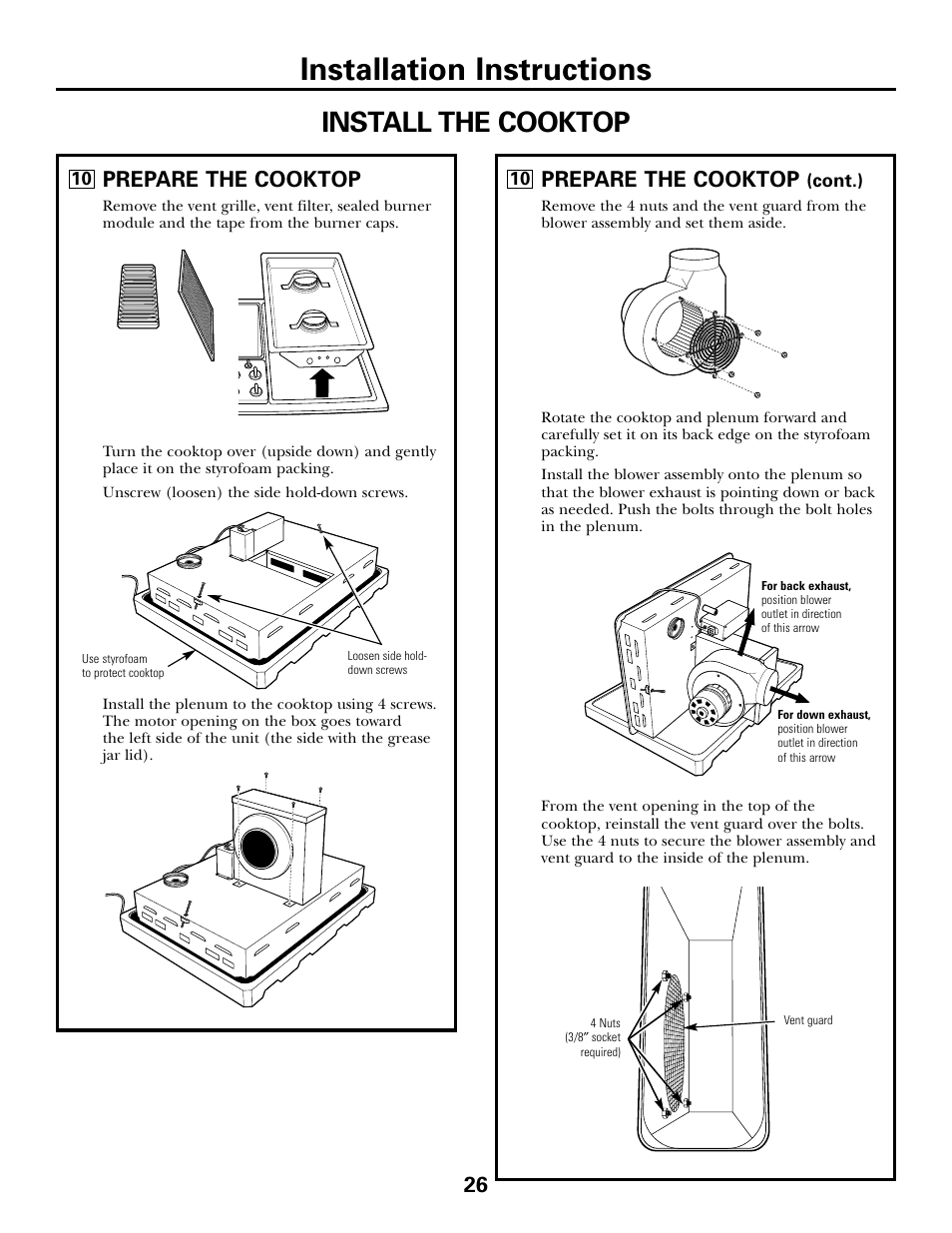 Installation instructions, Install the cooktop, Prepare the cooktop | GE JGP985 User Manual | Page 26 / 80